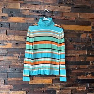 Vintage Y2K Striped Turtleneck Top Pastel Blue Green Yellow Zip Back Fitted 90s